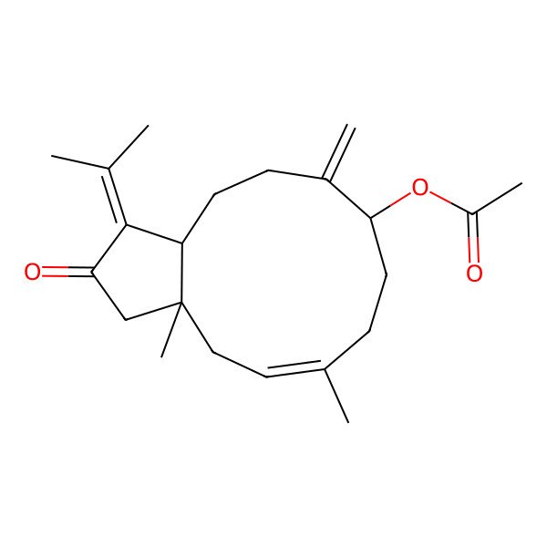 2D Structure of (3a,6-Dimethyl-10-methylidene-2-oxo-1-propan-2-ylidene-3,4,7,8,9,11,12,12a-octahydrocyclopenta[11]annulen-9-yl) acetate