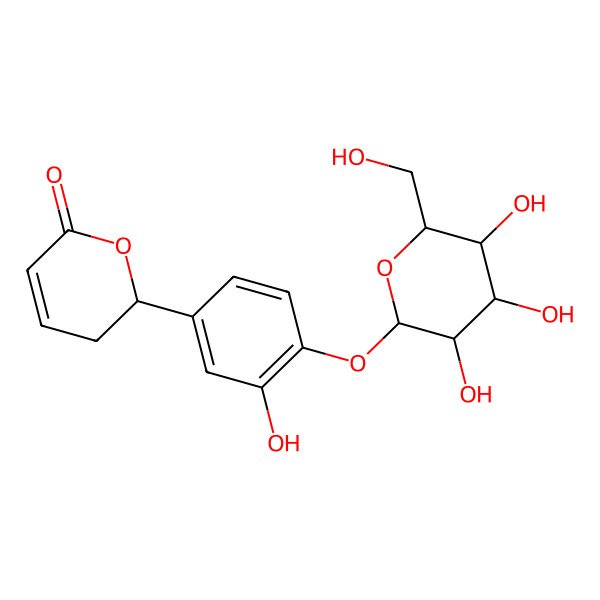 2D Structure of (2S)-2-[3-hydroxy-4-[(2S,3R,4S,5S,6R)-3,4,5-trihydroxy-6-(hydroxymethyl)oxan-2-yl]oxyphenyl]-2,3-dihydropyran-6-one