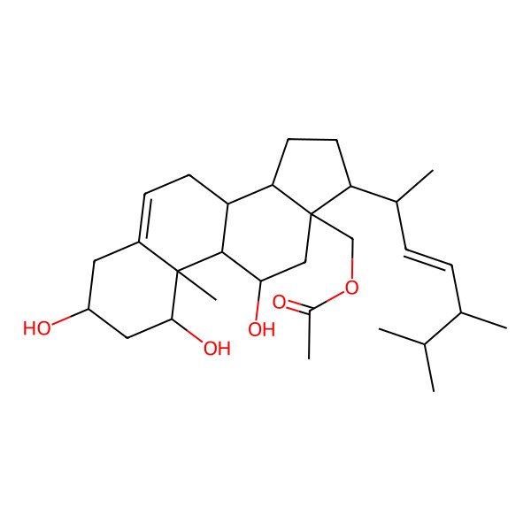 2D Structure of [17-(5,6-dimethylhept-3-en-2-yl)-1,3,11-trihydroxy-10-methyl-2,3,4,7,8,9,11,12,14,15,16,17-dodecahydro-1H-cyclopenta[a]phenanthren-13-yl]methyl acetate