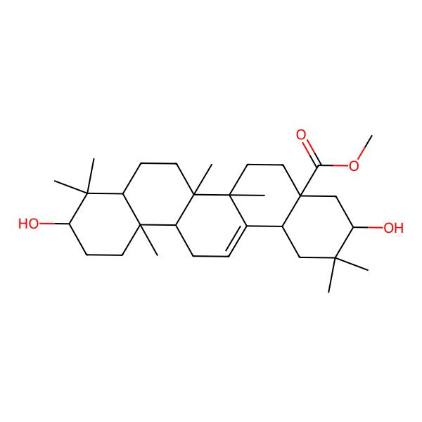2D Structure of methyl (3R,4aR,6aR,6aS,6bR,8aR,10S,12aR,14bS)-3,10-dihydroxy-2,2,6a,6b,9,9,12a-heptamethyl-1,3,4,5,6,6a,7,8,8a,10,11,12,13,14b-tetradecahydropicene-4a-carboxylate 2D Structure of methyl (3R,4aR,6aR,6aS,6bR,8aR,10S,12aR,14bS)-3,10-dihydroxy-2,2,6a,6b,9,9,12a-heptamethyl-1,3,4,5,6,6a,7,8,8a,10,11,12,13,14b-tetradecahydropicene-4a-carboxylate