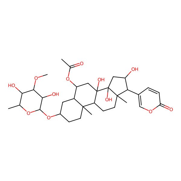 2D Structure of [(3S,5S,6R,8S,9R,10S,13R,14R,16S,17R)-3-[(2R,3S,4R,5S,6S)-3,5-dihydroxy-4-methoxy-6-methyloxan-2-yl]oxy-8,14,16-trihydroxy-10,13-dimethyl-17-(6-oxopyran-3-yl)-2,3,4,5,6,7,9,11,12,15,16,17-dodecahydro-1H-cyclopenta[a]phenanthren-6-yl] acetate