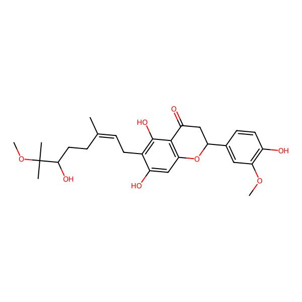 2D Structure of (2S)-5,7-dihydroxy-6-[(E)-6-hydroxy-7-methoxy-3,7-dimethyloct-2-enyl]-2-(4-hydroxy-3-methoxyphenyl)-2,3-dihydrochromen-4-one