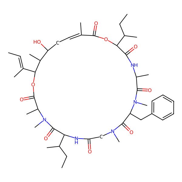 2D Structure of 12-Benzyl-6,18-di(butan-2-yl)-26-but-2-en-2-yl-24-hydroxy-3,4,10,13,15,21,25-heptamethyl-1,19-dioxa-4,7,10,13,16-pentazacyclohexacos-21-ene-2,5,8,11,14,17,20-heptone