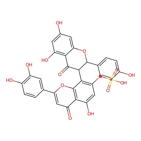 2D Structure of [8-[(2R,3S)-5,7-dihydroxy-2-(4-hydroxyphenyl)-4-oxo-2,3-dihydrochromen-3-yl]-2-(3,4-dihydroxyphenyl)-5-hydroxy-4-oxochromen-7-yl] hydrogen sulfate