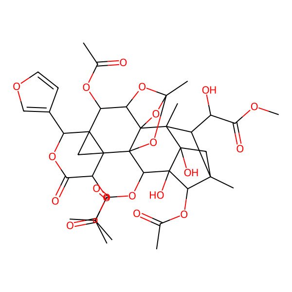 2D Structure of [3,8,18-Triacetyloxy-6-(furan-3-yl)-15,19-dihydroxy-22-(1-hydroxy-2-methoxy-2-oxoethyl)-11,14,17-trimethyl-4-oxo-5,10,12,21-tetraoxaoctacyclo[9.9.1.12,7.114,17.01,13.02,7.09,13.015,19]tricosan-20-yl] 2-methylpropanoate
