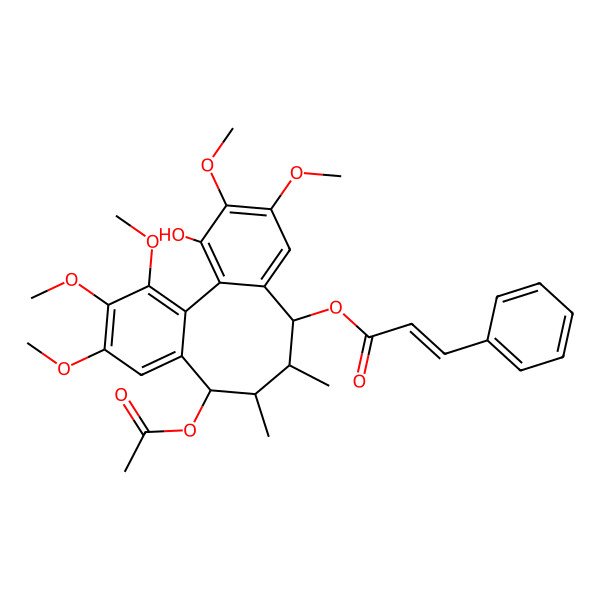 2D Structure of (11-Acetyloxy-3-hydroxy-4,5,14,15,16-pentamethoxy-9,10-dimethyl-8-tricyclo[10.4.0.02,7]hexadeca-1(16),2,4,6,12,14-hexaenyl) 3-phenylprop-2-enoate