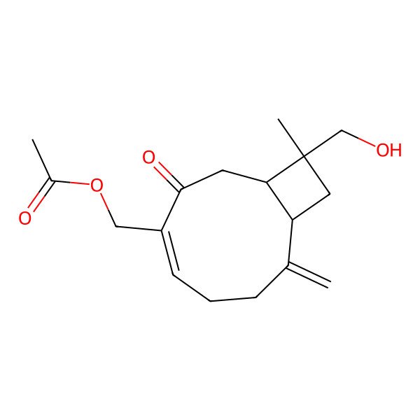 2D Structure of [(1R,4Z,9R,11S)-11-(hydroxymethyl)-11-methyl-8-methylidene-3-oxo-4-bicyclo[7.2.0]undec-4-enyl]methyl acetate
