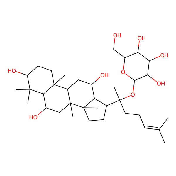 2D Structure of (2R,3S,4S,5R,6S)-2-(hydroxymethyl)-6-[(2S)-6-methyl-2-[(3S,5S,6S,8R,9R,10R,12R,13R,14R,17S)-3,6,12-trihydroxy-4,4,8,10,14-pentamethyl-2,3,5,6,7,9,11,12,13,15,16,17-dodecahydro-1H-cyclopenta[a]phenanthren-17-yl]hept-5-en-2-yl]oxyoxane-3,4,5-triol