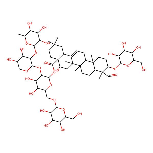 2D Structure of [3-[4,5-Dihydroxy-3-(3,4,5-trihydroxy-6-methyloxan-2-yl)oxyoxan-2-yl]oxy-4,5-dihydroxy-6-[[3,4,5-trihydroxy-6-(hydroxymethyl)oxan-2-yl]oxymethyl]oxan-2-yl] 9-formyl-5-hydroxy-2,2,6a,6b,9,12a-hexamethyl-10-[3,4,5-trihydroxy-6-(hydroxymethyl)oxan-2-yl]oxy-1,3,4,5,6,6a,7,8,8a,10,11,12,13,14b-tetradecahydropicene-4a-carboxylate