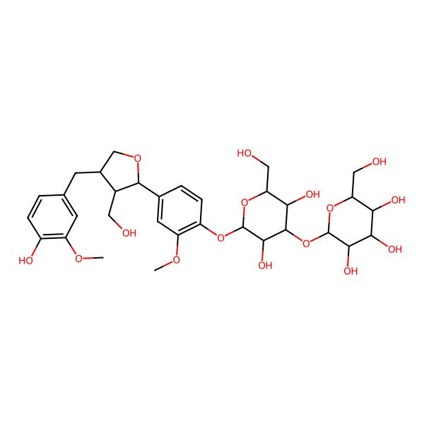 2D Structure of (2S,3R,4S,5S,6R)-2-[(2S,3R,4S,5R,6R)-3,5-dihydroxy-2-[4-[(2S,3R,4R)-4-[(4-hydroxy-3-methoxyphenyl)methyl]-3-(hydroxymethyl)oxolan-2-yl]-2-methoxyphenoxy]-6-(hydroxymethyl)oxan-4-yl]oxy-6-(hydroxymethyl)oxane-3,4,5-triol