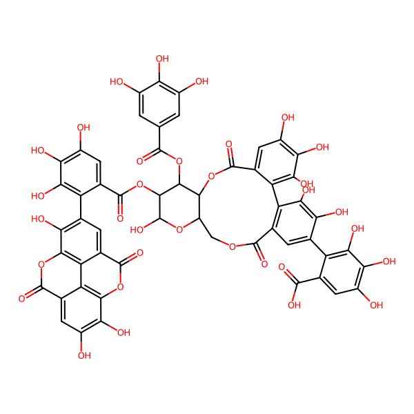 2D Structure of 2-[(10R,11S,12R,15R)-3,4,5,13,22,23-hexahydroxy-8,18-dioxo-11-(3,4,5-trihydroxybenzoyl)oxy-12-[3,4,5-trihydroxy-2-(7,13,14-trihydroxy-3,10-dioxo-2,9-dioxatetracyclo[6.6.2.04,16.011,15]hexadeca-1(15),4,6,8(16),11,13-hexaen-6-yl)benzoyl]oxy-9,14,17-trioxatetracyclo[17.4.0.02,7.010,15]tricosa-1(19),2,4,6,20,22-hexaen-21-yl]-3,4,5-trihydroxybenzoic acid