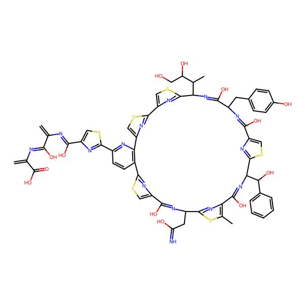 2D Structure of 2-[[2-[[[2-[(18S,25S,32S,35S)-35-[(2R)-3,4-dihydroxybutan-2-yl]-16,23,30,33-tetrahydroxy-18-(2-hydroxy-2-iminoethyl)-25-[(R)-hydroxy(phenyl)methyl]-32-[(4-hydroxyphenyl)methyl]-21-methyl-3,13,20,27,37-pentathia-7,17,24,31,34,39,40,41,42,43-decazaheptacyclo[34.2.1.12,5.112,15.119,22.126,29.06,11]tritetraconta-1(38),2(43),4,6(11),7,9,12(42),14,16,19(41),21,23,26(40),28,30,33,36(39)-heptadecaen-8-yl]-1,3-thiazol-4-yl]-hydroxymethylidene]amino]-1-hydroxyprop-2-enylidene]amino]prop-2-enoic acid
