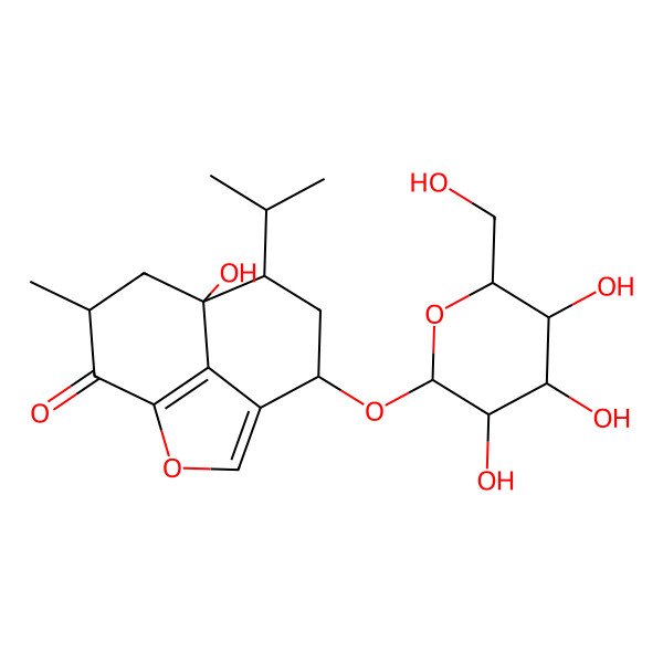 2D Structure of (5R,7R,8S,10S)-8-hydroxy-10-methyl-7-propan-2-yl-5-[(2R,3R,4S,5S,6R)-3,4,5-trihydroxy-6-(hydroxymethyl)oxan-2-yl]oxy-2-oxatricyclo[6.3.1.04,12]dodeca-1(12),3-dien-11-one
