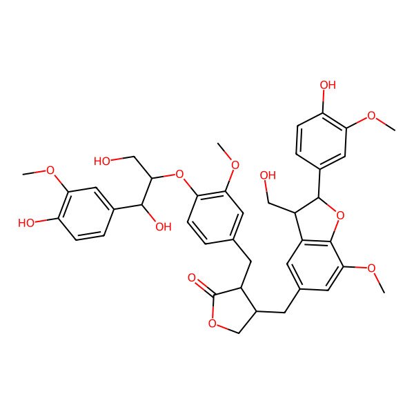 2D Structure of 3-[[4-[1,3-Dihydroxy-1-(4-hydroxy-3-methoxyphenyl)propan-2-yl]oxy-3-methoxyphenyl]methyl]-4-[[2-(4-hydroxy-3-methoxyphenyl)-3-(hydroxymethyl)-7-methoxy-2,3-dihydro-1-benzofuran-5-yl]methyl]oxolan-2-one