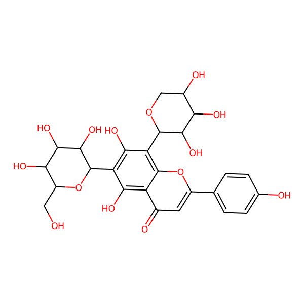 2D Structure of 5,7-dihydroxy-2-(4-hydroxyphenyl)-6-[(2S,3S,4S,5R,6S)-3,4,5-trihydroxy-6-(hydroxymethyl)oxan-2-yl]-8-[(2S,3S,4R,5R)-3,4,5-trihydroxyoxan-2-yl]chromen-4-one