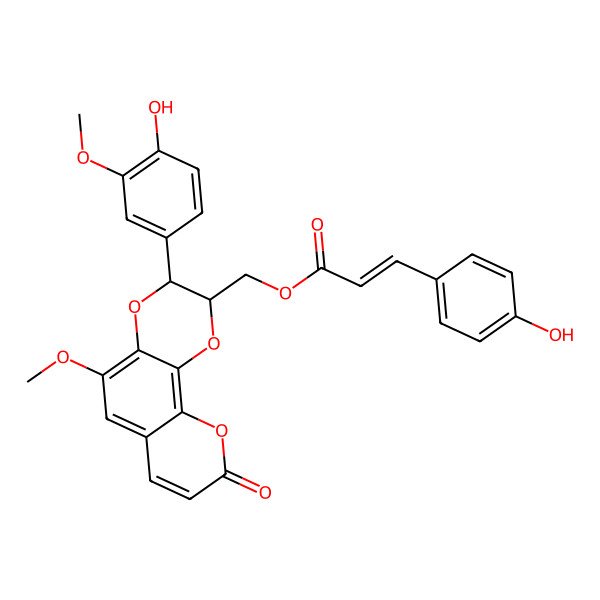 2D Structure of [3-(4-Hydroxy-3-methoxyphenyl)-5-methoxy-9-oxo-2,3-dihydropyrano[3,2-h][1,4]benzodioxin-2-yl]methyl 3-(4-hydroxyphenyl)prop-2-enoate