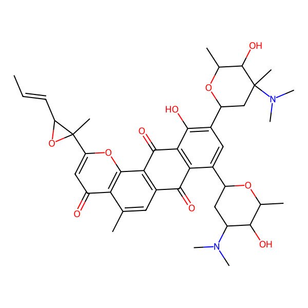 2D Structure of 10-[(2R,4S,5S,6S)-4-(dimethylamino)-5-hydroxy-4,6-dimethyloxan-2-yl]-8-[(2R,4S,5S,6R)-4-(dimethylamino)-5-hydroxy-6-methyloxan-2-yl]-11-hydroxy-5-methyl-2-[2-methyl-3-[(E)-prop-1-enyl]oxiran-2-yl]naphtho[2,3-h]chromene-4,7,12-trione