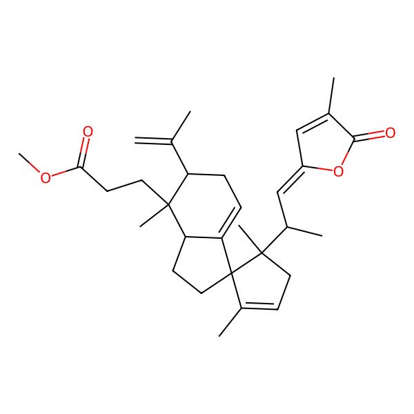 2D Structure of methyl 3-[(1R,3aR,4S,4'S,5R)-1',4,4'-trimethyl-4'-[(1Z,2S)-1-(4-methyl-5-oxofuran-2-ylidene)propan-2-yl]-5-prop-1-en-2-ylspiro[3,3a,5,6-tetrahydro-2H-indene-1,5'-cyclopentene]-4-yl]propanoate