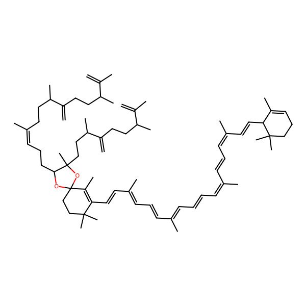 2D Structure of (2R,3R,5R)-3,6,8,8-tetramethyl-2-[(3E,7R,11S)-4,7,11,12-tetramethyl-8-methylidenetrideca-3,12-dienyl]-7-[(1E,3E,5E,7E,9E,11E,13E,15E,17E)-3,7,12,16-tetramethyl-18-[(1S)-2,6,6-trimethylcyclohex-2-en-1-yl]octadeca-1,3,5,7,9,11,13,15,17-nonaenyl]-3-[(3R,7S)-3,7,8-trimethyl-4-methylidenenon-8-enyl]-1,4-dioxaspiro[4.5]dec-6-ene
