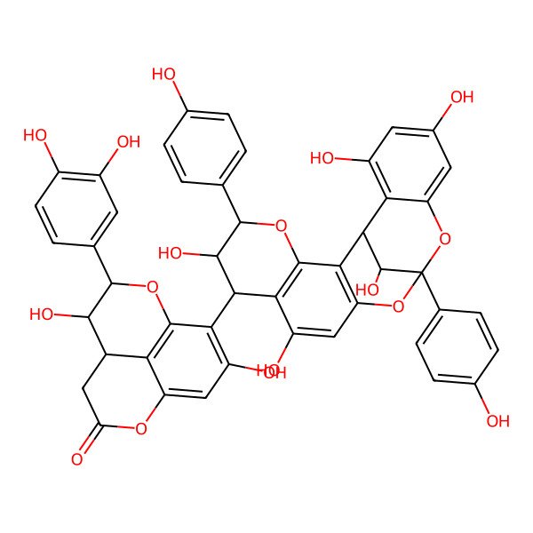 2D Structure of (5R,6R,7R)-7-(3,4-dihydroxyphenyl)-6,11-dihydroxy-10-[(1R,5R,6R,7S,13S,21R)-6,9,17,19,21-pentahydroxy-5,13-bis(4-hydroxyphenyl)-4,12,14-trioxapentacyclo[11.7.1.02,11.03,8.015,20]henicosa-2(11),3(8),9,15,17,19-hexaen-7-yl]-2,8-dioxatricyclo[7.3.1.05,13]trideca-1(13),9,11-trien-3-one
