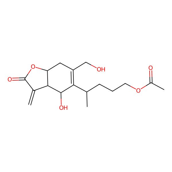 2D Structure of 4-[4-Hydroxy-6-(hydroxymethyl)-3-methylidene-2-oxo-3a,4,7,7a-tetrahydro-1-benzofuran-5-yl]pentyl acetate