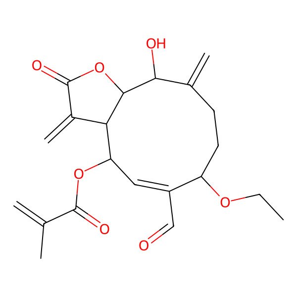 2D Structure of [(3aR,4R,5Z,7S,11S,11aS)-7-ethoxy-6-formyl-11-hydroxy-3,10-dimethylidene-2-oxo-4,7,8,9,11,11a-hexahydro-3aH-cyclodeca[b]furan-4-yl] 2-methylprop-2-enoate