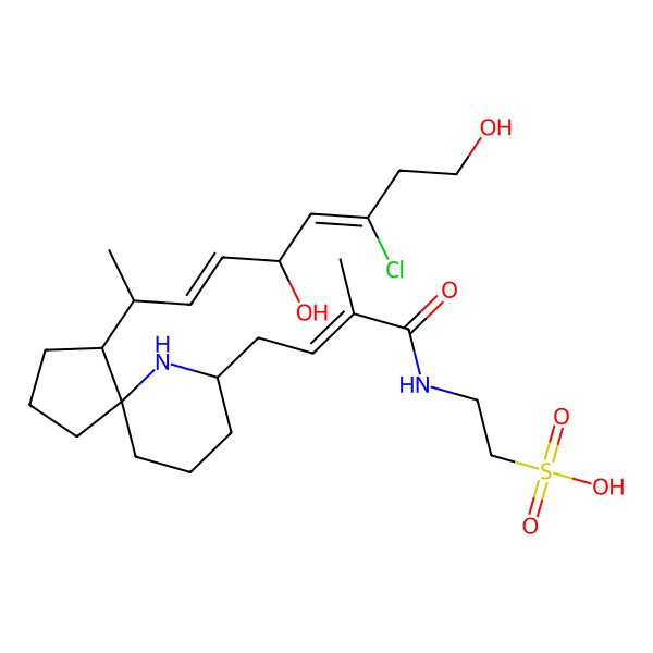 2D Structure of 2-[[(E)-4-[(4R,5S,7R)-4-[(2S,3E,5R,6Z)-7-chloro-5,9-dihydroxynona-3,6-dien-2-yl]-6-azaspiro[4.5]decan-7-yl]-2-methylbut-2-enoyl]amino]ethanesulfonic acid