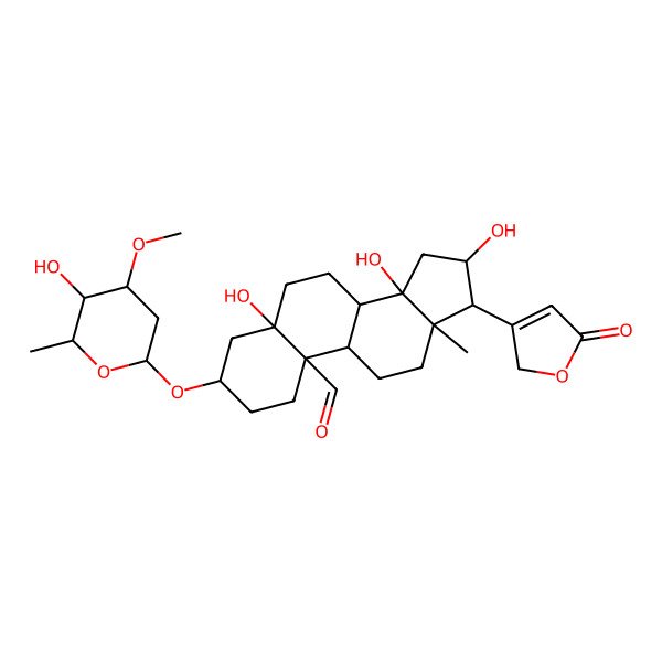 2D Structure of (3S,5S,8R,9S,10S,13R,14S,16S,17S)-5,14,16-trihydroxy-3-[(2R,4S,5R,6R)-5-hydroxy-4-methoxy-6-methyloxan-2-yl]oxy-13-methyl-17-(5-oxo-2H-furan-3-yl)-2,3,4,6,7,8,9,11,12,15,16,17-dodecahydro-1H-cyclopenta[a]phenanthrene-10-carbaldehyde