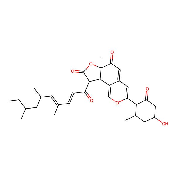 2D Structure of (6aR,9S,9aR)-3-[(1S,2S,4R)-4-hydroxy-2-methyl-6-oxocyclohexyl]-6a-methyl-9-[(2E)-4,6,8-trimethyldeca-2,4-dienoyl]-9,9a-dihydrofuro[2,3-h]isochromene-6,8-dione
