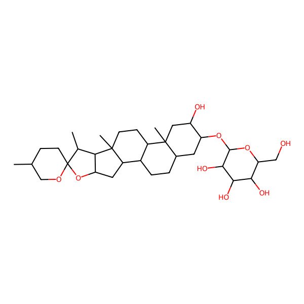 2D Structure of (2R,3R,4S,5R,6R)-2-(hydroxymethyl)-6-[(1R,2S,4S,5'R,6R,7S,8R,9S,12S,13S,15R,16R,18S)-15-hydroxy-5',7,9,13-tetramethylspiro[5-oxapentacyclo[10.8.0.02,9.04,8.013,18]icosane-6,2'-oxane]-16-yl]oxyoxane-3,4,5-triol