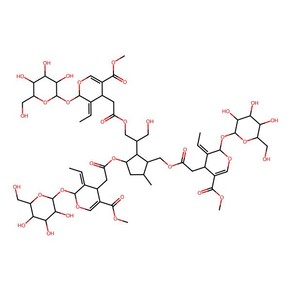 2D Structure of methyl (4R,5E,6S)-5-ethylidene-4-[2-[[(1R,2R,3S,5S)-3-[2-[(2S,3E,4S)-3-ethylidene-5-methoxycarbonyl-2-[(2S,3R,4S,5S,6R)-3,4,5-trihydroxy-6-(hydroxymethyl)oxan-2-yl]oxy-4H-pyran-4-yl]acetyl]oxy-2-[(2S)-1-[2-[(2S,3E,4S)-3-ethylidene-5-methoxycarbonyl-2-[(2S,3R,4S,5S,6R)-3,4,5-trihydroxy-6-(hydroxymethyl)oxan-2-yl]oxy-4H-pyran-4-yl]acetyl]oxy-3-hydroxypropan-2-yl]-5-methylcyclopentyl]methoxy]-2-oxoethyl]-6-[(2S,3R,4S,5S,6R)-3,4,5-trihydroxy-6-(hydroxymethyl)oxan-2-yl]oxy-4H-pyran-3-carboxylate