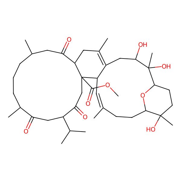 2D Structure of methyl (1R,2S,3S,8S,11S,15R,18S,21S,22S,23E,27S,28S)-2,3,28-trihydroxy-2,6,11,15,24,28-hexamethyl-9,16,19-trioxo-18-propan-2-yl-31-oxatetracyclo[25.3.1.05,22.08,21]hentriaconta-5,23-diene-21-carboxylate