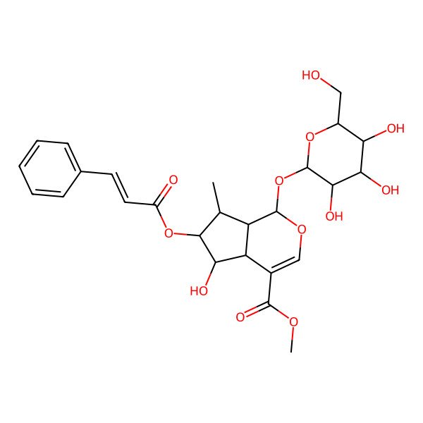 2D Structure of Methyl 5-hydroxy-7-methyl-6-(3-phenylprop-2-enoyloxy)-1-[3,4,5-trihydroxy-6-(hydroxymethyl)oxan-2-yl]oxy-1,4a,5,6,7,7a-hexahydrocyclopenta[c]pyran-4-carboxylate