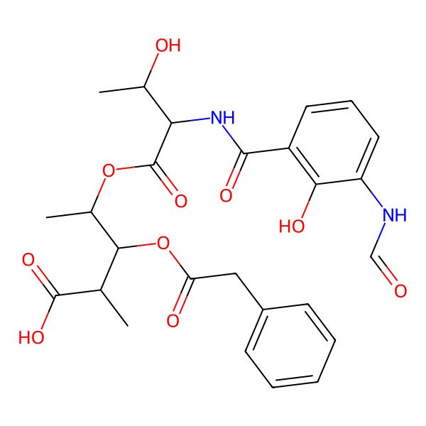 2D Structure of 4-[2-[(3-Formamido-2-hydroxybenzoyl)amino]-3-hydroxybutanoyl]oxy-2-methyl-3-(2-phenylacetyl)oxypentanoic acid