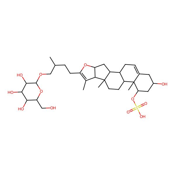 2D Structure of [(1S,2S,4S,8S,9S,12S,13R,14R,16R)-16-hydroxy-7,9,13-trimethyl-6-[3-methyl-4-[(2R,3R,4S,5S,6R)-3,4,5-trihydroxy-6-(hydroxymethyl)oxan-2-yl]oxybutyl]-5-oxapentacyclo[10.8.0.02,9.04,8.013,18]icosa-6,18-dien-14-yl] hydrogen sulfate