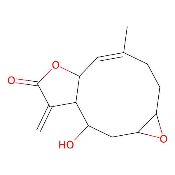 2D Structure of (1R,2S,4R,6R,9E,11R)-2-hydroxy-9-methyl-14-methylidene-5,12-dioxatricyclo[9.3.0.04,6]tetradec-9-en-13-one