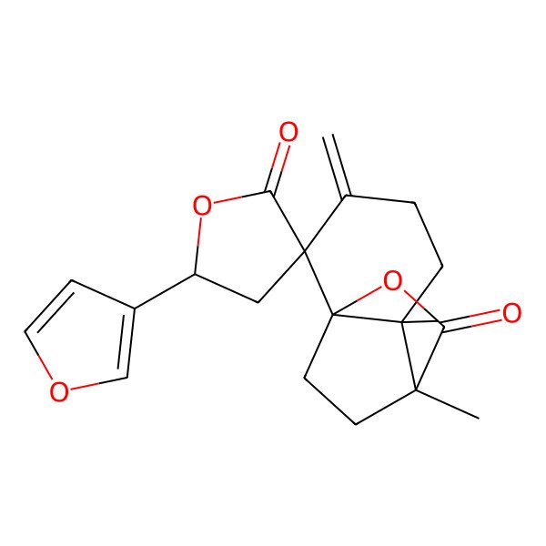 2D Structure of (1S,2R,5'R,6R,7R)-5'-(furan-3-yl)-6,7-dimethyl-3-methylidenespiro[9-oxatricyclo[5.2.2.01,6]undecane-2,3'-oxolane]-2',8-dione