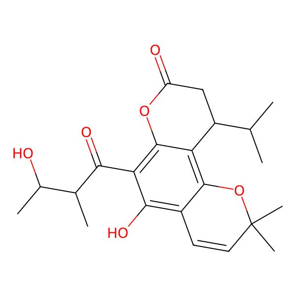 2D Structure of (10S)-5-hydroxy-6-[(2S,3S)-3-hydroxy-2-methylbutanoyl]-2,2-dimethyl-10-propan-2-yl-9,10-dihydropyrano[2,3-f]chromen-8-one