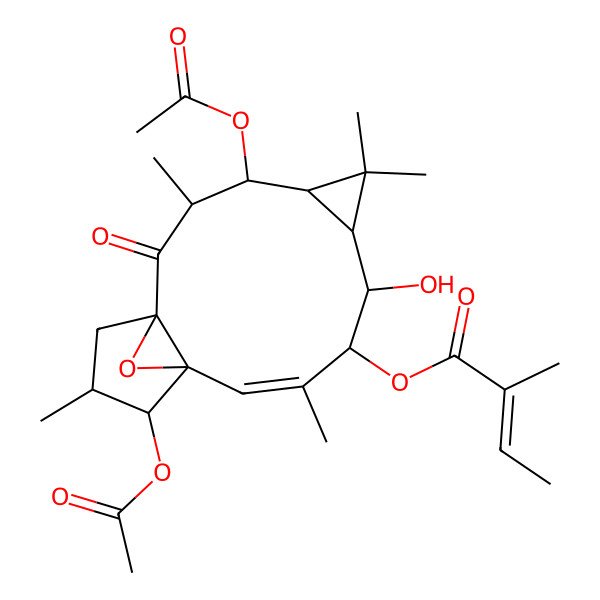 2D Structure of [(1R,3S,4S,5R,7S,8R,9R,10E,12S,13S,14S)-4,13-diacetyloxy-8-hydroxy-3,6,6,10,14-pentamethyl-2-oxo-16-oxatetracyclo[10.3.1.01,12.05,7]hexadec-10-en-9-yl] (E)-2-methylbut-2-enoate