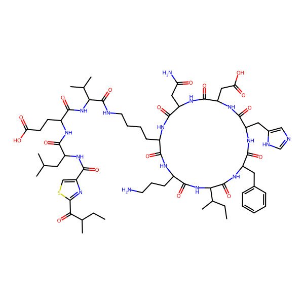 2D Structure of (4R)-5-[[(2S)-1-[4-[(2S,5R,8S,11R,14S,17R,20S)-20-(2-amino-2-oxoethyl)-5-(3-aminopropyl)-11-benzyl-8-[(2S)-butan-2-yl]-17-(carboxymethyl)-14-(1H-imidazol-5-ylmethyl)-3,6,9,12,15,18,21-heptaoxo-1,4,7,10,13,16,19-heptazacyclohenicos-2-yl]butylamino]-3-methyl-1-oxobutan-2-yl]amino]-4-[[(2S)-4-methyl-2-[[2-[(2S)-2-methylbutanoyl]-1,3-thiazole-4-carbonyl]amino]pentanoyl]amino]-5-oxopentanoic acid