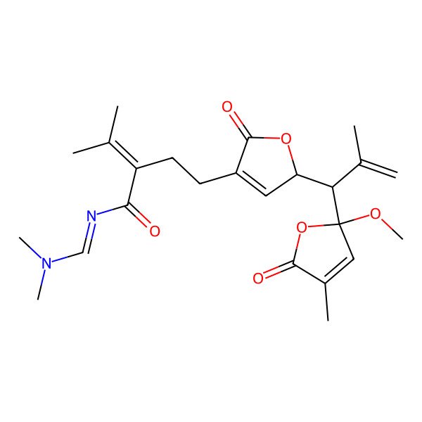 2D Structure of N-(dimethylaminomethylidene)-2-[2-[2-[1-(2-methoxy-4-methyl-5-oxofuran-2-yl)-2-methylprop-2-enyl]-5-oxo-2H-furan-4-yl]ethyl]-3-methylbut-2-enamide