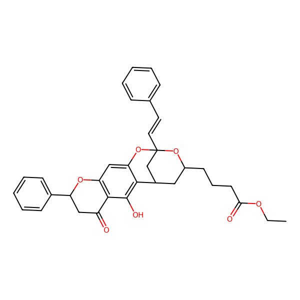 2D Structure of Ethyl 4-[3-hydroxy-5-oxo-7-phenyl-13-(2-phenylethenyl)-8,12,14-trioxatetracyclo[11.3.1.02,11.04,9]heptadeca-2,4(9),10-trien-15-yl]butanoate