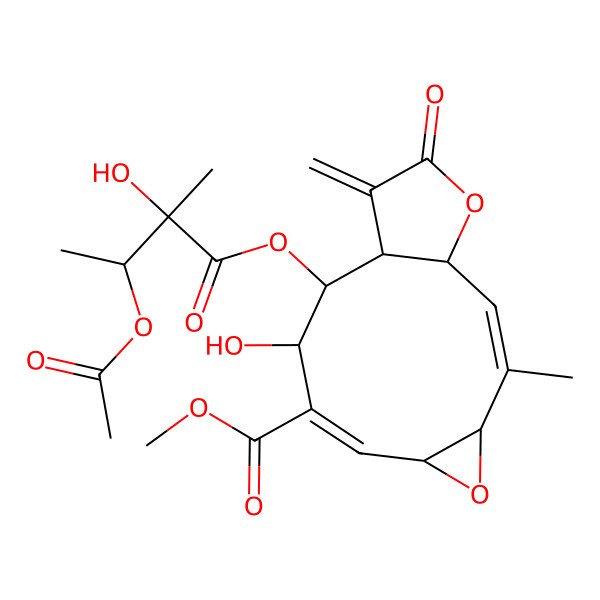 2D Structure of Methyl 10-(3-acetyloxy-2-hydroxy-2-methylbutanoyl)oxy-9-hydroxy-3-methyl-12-methylidene-13-oxo-5,14-dioxatricyclo[9.3.0.04,6]tetradeca-2,7-diene-8-carboxylate