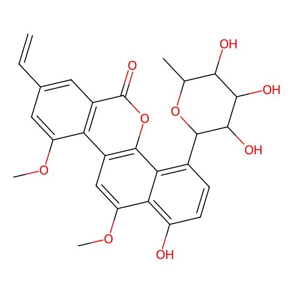 2D Structure of 8-Ethenyl-1-hydroxy-10,12-dimethoxy-4-(3,4,5-trihydroxy-6-methyloxan-2-yl)naphtho[1,2-c]isochromen-6-one