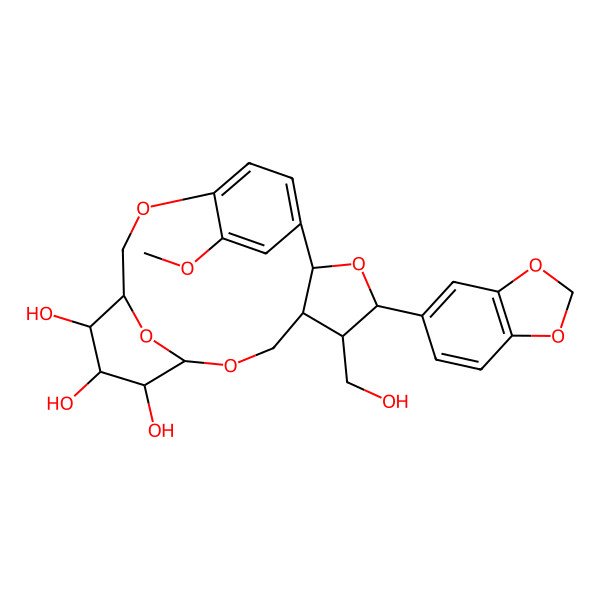 2D Structure of (2S,4S,5R,6R,9R,10R,11S,12S,13R)-4-(1,3-benzodioxol-5-yl)-5-(hydroxymethyl)-17-methoxy-3,8,15,21-tetraoxatetracyclo[14.2.2.19,13.02,6]henicosa-1(18),16,19-triene-10,11,12-triol