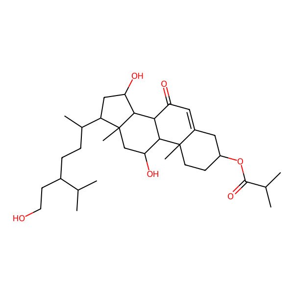 2D Structure of [(3S,8S,9S,10R,11R,13R,14S,15R,17R)-11,15-dihydroxy-17-[(2R,5R)-5-(2-hydroxyethyl)-6-methylheptan-2-yl]-10,13-dimethyl-7-oxo-1,2,3,4,8,9,11,12,14,15,16,17-dodecahydrocyclopenta[a]phenanthren-3-yl] 2-methylpropanoate