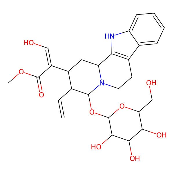2D Structure of methyl (E)-2-[(2S,3S,4S,12bS)-3-ethenyl-4-[(2S,3R,4S,5S,6R)-3,4,5-trihydroxy-6-(hydroxymethyl)oxan-2-yl]oxy-1,2,3,4,6,7,12,12b-octahydroindolo[2,3-a]quinolizin-2-yl]-3-hydroxyprop-2-enoate