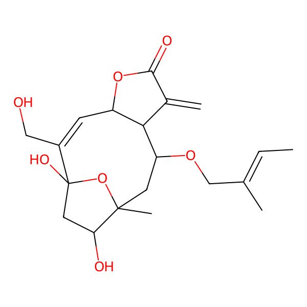 2D Structure of (1S,2Z,4R,8R,9R,11S,12S)-1,12-dihydroxy-2-(hydroxymethyl)-11-methyl-9-[(Z)-2-methylbut-2-enoxy]-7-methylidene-5,14-dioxatricyclo[9.2.1.04,8]tetradec-2-en-6-one