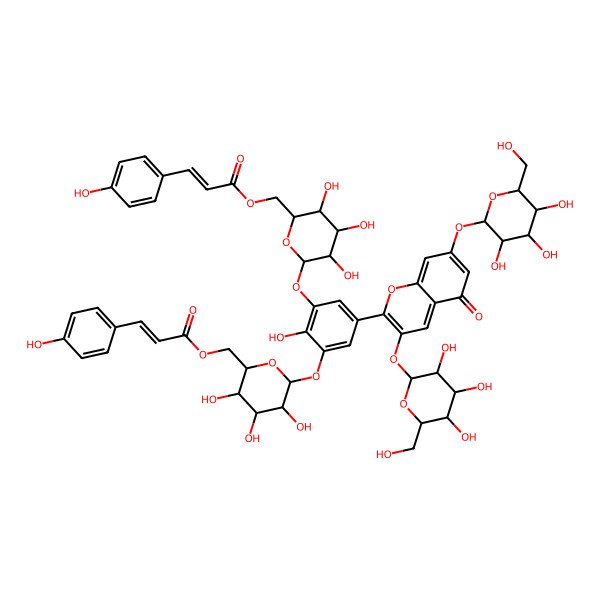 2D Structure of [(2R,3S,4S,5S,6R)-3,4,5-trihydroxy-6-[2-hydroxy-5-[5-oxo-3-[(2S,3R,4R,5S,6S)-3,4,5-trihydroxy-6-(hydroxymethyl)oxan-2-yl]oxy-7-[(2S,3S,5S,6R)-3,4,5-trihydroxy-6-(hydroxymethyl)oxan-2-yl]oxychromen-2-yl]-3-[(2S,3S,4R,5S,6R)-3,4,5-trihydroxy-6-[3-(4-hydroxyphenyl)prop-2-enoyloxymethyl]oxan-2-yl]oxyphenoxy]oxan-2-yl]methyl 3-(4-hydroxyphenyl)prop-2-enoate