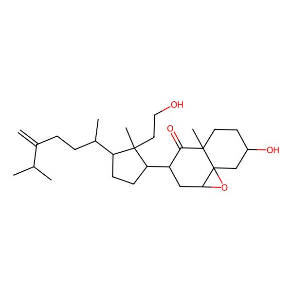 2D Structure of 7-hydroxy-3-[2-(2-hydroxyethyl)-2-methyl-3-(6-methyl-5-methylideneheptan-2-yl)cyclopentyl]-4a-methyl-2,3,5,6,7,8-hexahydro-1aH-naphtho[4,4a-b]oxiren-4-one